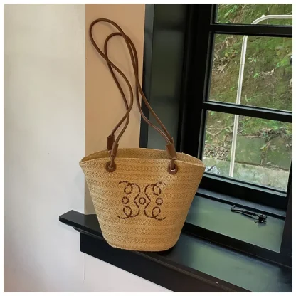Minimalist Drawstring Straw Bag - Image 5